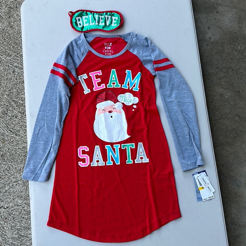 New- Max and Olivia girls PJ dress with sleep eye patch. Size M(7/8) Santa Xmas